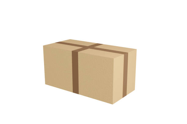 istock Closed brown cardboard 3d box rewound with tape. Mockup template carton box on white background. Rectangle format. Delivery concept. 3d render illustration. 1384832855