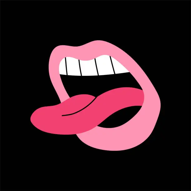 Vector illustration of Retro 30s cartoon and comics . Traditional vintage illustration open mouth with sticking out tongue on black background