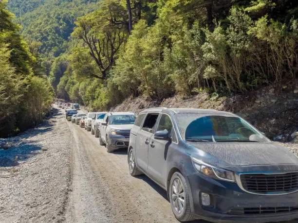Photo of Road work traffic along the  dusty gravel carretera Austral (Southern Way), Chile's Route 7 near Puyuhapi, Chile.