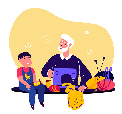 Old Grandfather,Grandad Seamstress,Creating Clothes on Sewing Machine with Grandchild,Boy Kid. Family Together. Needleman Sewing in Workshop. Holidays with Old Aged Pensioner. Flat Vector Illustration