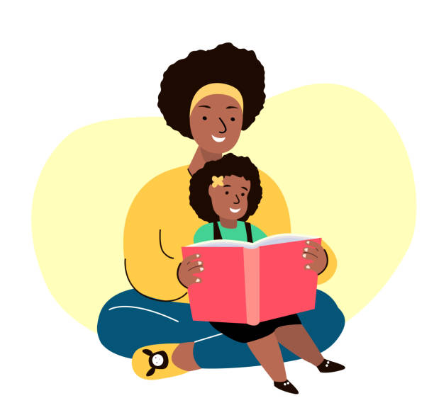 illustrations, cliparts, dessins animés et icônes de african dark skinned smiling family.mother and daughter reading book together.young adult parent.baby,girl, woman,child kid.caring mom,nanny or babysitter.relatives having fun.flat vector illustration - family reading african descent book