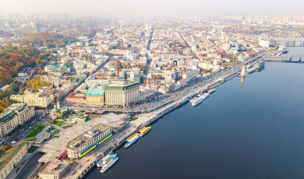 Kyiv cityscape aerial drone view, Dnipro river, downtown and Podol historical district skyline from above, city of Kiev and Dnieper, Ukraine Kyiv cityscape aerial drone view, Dnipro river, downtown and Podol historical district skyline from above, city of Kiev and Dnieper, Ukraine dnipropetrovsk stock pictures, royalty-free photos & images