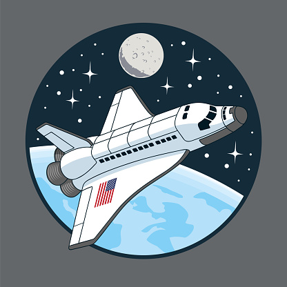 Space shuttle orbiting the Earth planet. The Moon and stars on background. Comic style vector illustration.