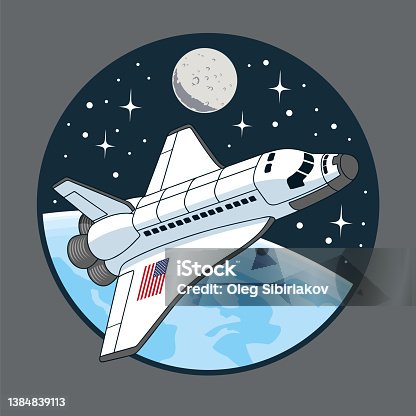 istock Space shuttle orbiting the Earth planet. The Moon and stars on background. Vector illustration. 1384839113
