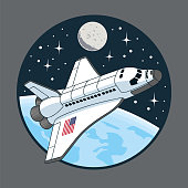 istock Space shuttle orbiting the Earth planet. The Moon and stars on background. Vector illustration. 1384839113