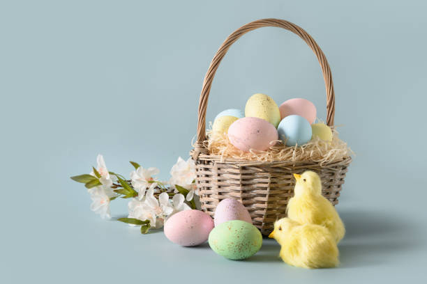 istock Easter wicker basket with pastel eggs for Happy holiday and celebration . 1384839341
