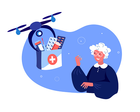 Drone Delivery.Retired Old Woman Receive Contactless Delivery First Aid Kit,Remotely Piloted Flying Aircraft.Medicament,Drugs,Remedy.Aged Pensioner.Home Shopping.Buy,Receive Parcel.Vector Illustration
