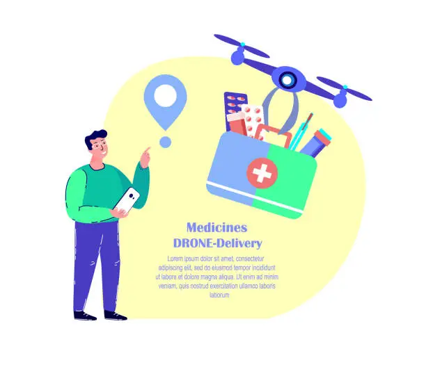 Vector illustration of Drone Delivery.Man Receive Contactless Delivery Parcel.First Aid Kit,Remotely Piloted Flying Aircraft.Medicament,Drugs,Remedy.Consumption Online. Home Shop. Buy,Receive Parcel.Flat Vector Illustration