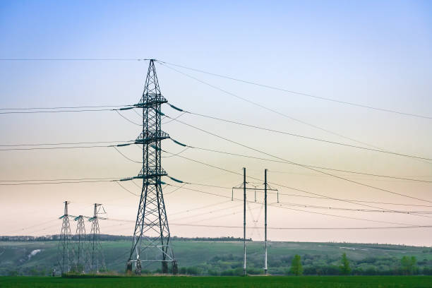 High-voltage power transmission line for electricity transmission stock photo
