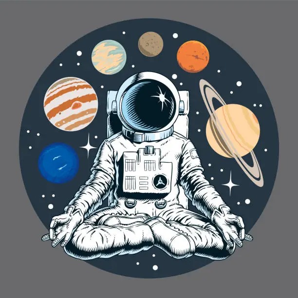 Vector illustration of Astronaut meditating in the lotus pose. Planets and stars on the background. Appulse, or Planetary parade. Space yoga vector illustration.