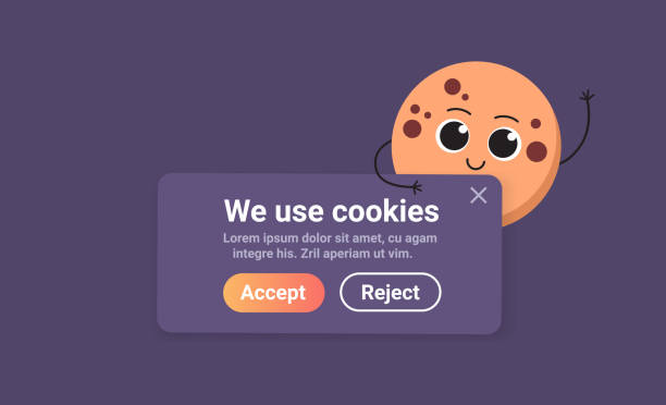 ilustraciones, imágenes clip art, dibujos animados e iconos de stock de protección de la información personal cookie mascota personaje con internet web pop up utilizamos la notificación de política de cookies - quick cookies