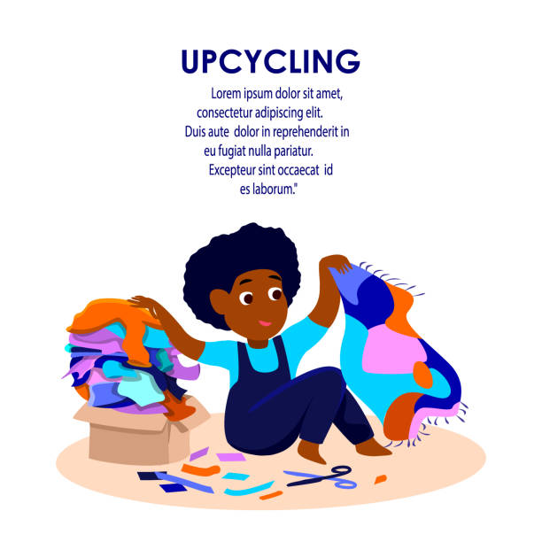 istock International Earth Day.Child Hold Reused,Utilized Outworn Clothes, Knitted Carpet.Reuse of Textile Materials.Recycle,Reutilization,Reduce waste 1384845146