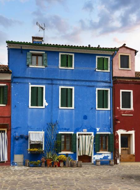 이탈리아 부라노의 그림 같은 집 - venetian lagoon italy flower shutter 뉴스 사진 이미지