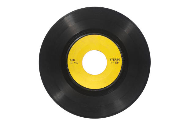 istock Single 45rpm vinyl record with envelope on white background 1384846689