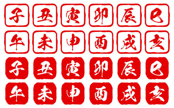 ilustrações, clipart, desenhos animados e ícones de conjunto de selos dos doze signos do zodíaco chinês para cartões de ano novo - tradução: personagem kanji para cada um dos 12 signos do zodíaco chinês - kanji chinese zodiac sign astrology sign snake