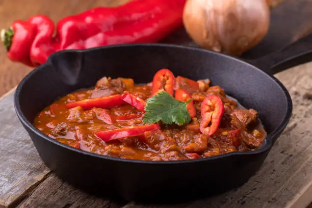 hungarian goulash in an iron pan