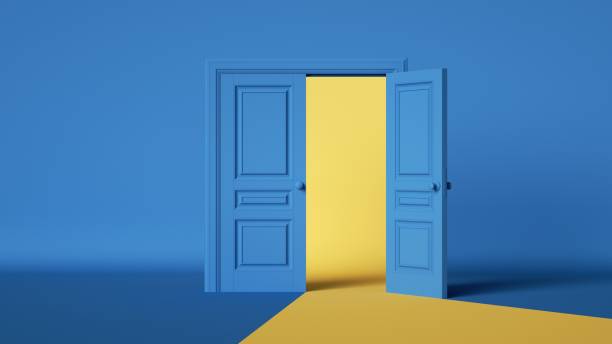 istock 3d render, abstract background with half open blue doors and yellow light. Modern minimal scene. Ukrainian politics metaphor 1384848806