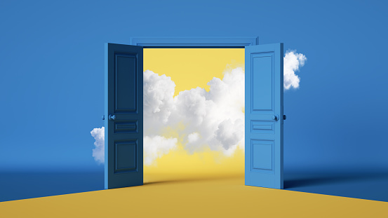 3d render, abstract background with wide open blue double doors, yellow light and white clouds. Modern minimal scene