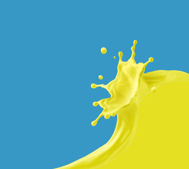 istock 3d render, abstract blue background and yellow splashing paint. Liquid splash in traditional colors of Ukrainian flag 1384848910