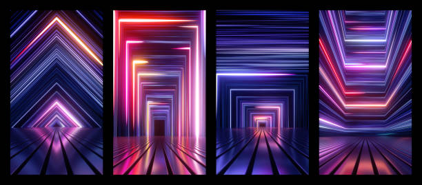 istock 3d render, set of assorted abstract neon backgrounds with colorful glowing lines, vertical wallpaper collection 1384849078