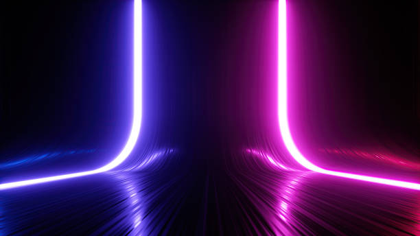 istock 3d render, abstract dark background with bright stripes glowing in ultraviolet spectrum 1384849097