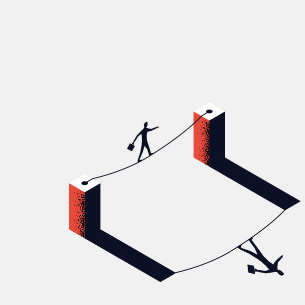 Business risk rope. Businessman walking on tightrope gap in rocks Business risk rope. Businessman walking on tightrope gap in rocks. Way to success. Obstacle on road. Vector flat design. Isolated on white background. Success in business concept. tightrope stock illustrations