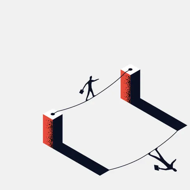 Vector illustration of Business risk rope. Businessman walking on tightrope gap in rocks