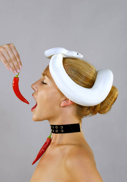 A beautiful woman is fed a red hot chili pepper.As she attempts to eat the pepper a Python snake curls itself around her head.