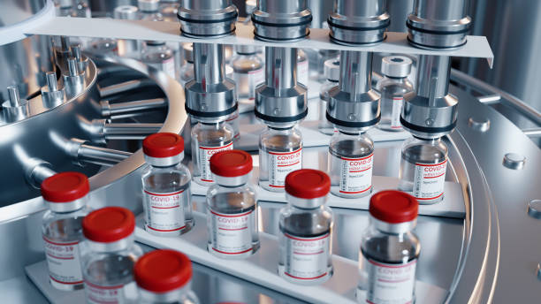 istock 3d render. COVID-19 mRNA vaccine production platform. Pharmaceutical manufacture background. Macro scene of automatic conveyor line 1384850898