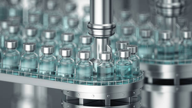 3d render. Pharmaceutical manufacture background with glass bottles with clear liquid on automatic conveyor line. COVID-19 mRNA vaccine production platform. stock photo