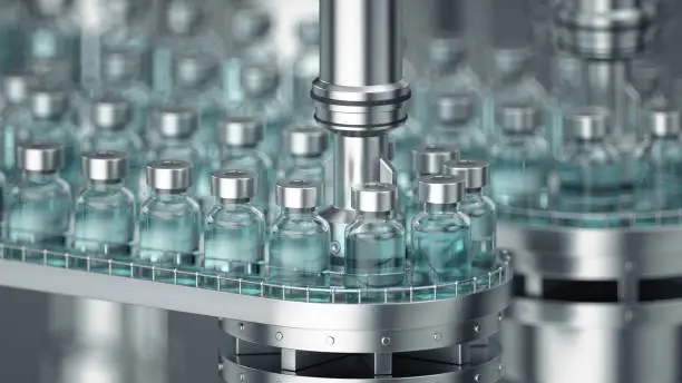 Photo of 3d render. Pharmaceutical manufacture background with glass bottles with clear liquid on automatic conveyor line. COVID-19 mRNA vaccine production platform.