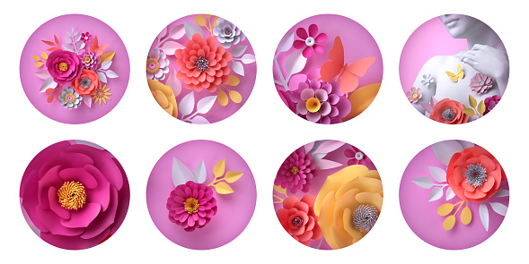 3d render, set of round floral stickers isolated on white background. Assorted colorful paper flowers: rose dahlia daisy
