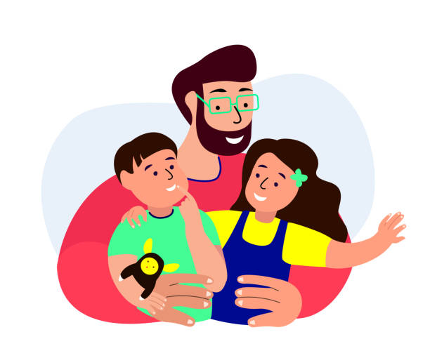 ilustrações, clipart, desenhos animados e ícones de pai sorridente feliz, filha,filho brincando.jovem adulto pai.menina bebê,filho sentar nas mãos do pai.homem entreter com crianças pequenas.cuidando papa.parentes da família se divertem juntos.ilustração vetorial plana - handsman