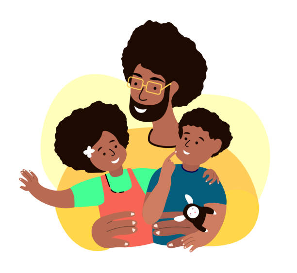 happy african smiling father, córka,son.young adult parent.baby girl,son sit on dad hands.man entertain with little child kids.caring papa.family relatives have fun together.flat vector illustration happy happy - handsman stock illustrations