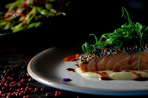 Plate close up with fresh grilled red salmon steak