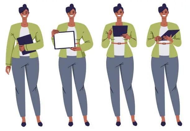 Vector illustration of Set of poses of a business woman holding a tablet. Dark-skinned woman with a tablet. Using, holding, typing, showing blank screen.