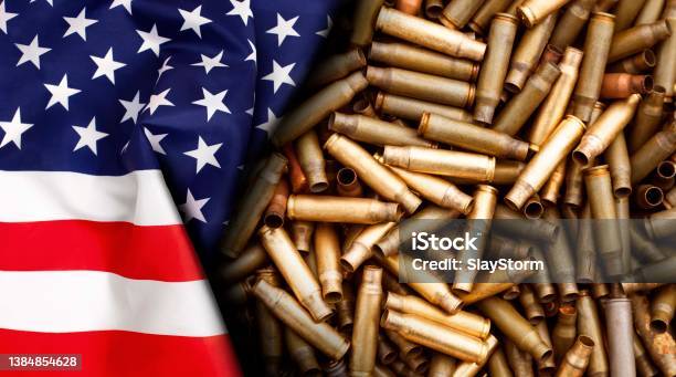 American Flag Isolated On Shotgun Cartridges Background Stock Photo - Download Image Now