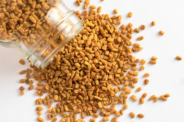 Fenugreek Seeds Spilled from a Spice Jar stock photo
