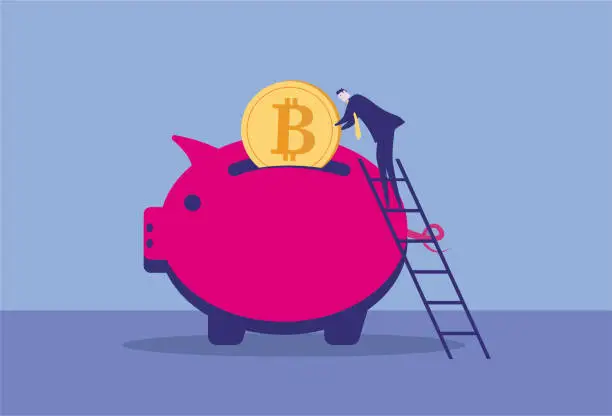 Vector illustration of Business man putting bitcoins into piggy bank