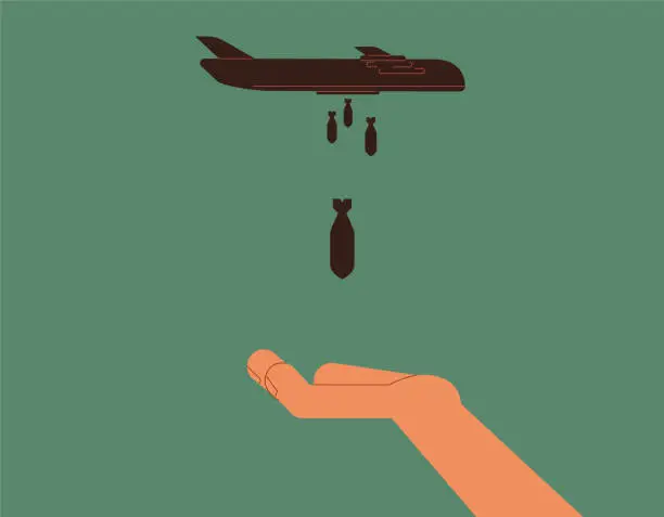 Vector illustration of The giant catches the bomb dropped by the bomber, no war, peace concept