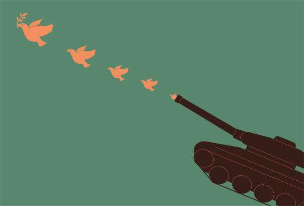antikriegsplakate, friedenstauben fliegen aus panzerkanonen - war symbols of peace conflict army stock-grafiken, -clipart, -cartoons und -symbole