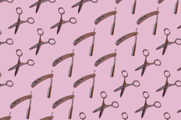 istock Flat lay composition with scissors and straight razor,  on color background 1384856875
