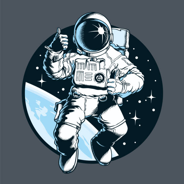 Astronaut in outer space shows thumb up gesture. Space tourist. Vector illustration. Astronaut in outer space shows thumb up gesture. Space tourist. Comic book style vector illustration. astronaut stock illustrations
