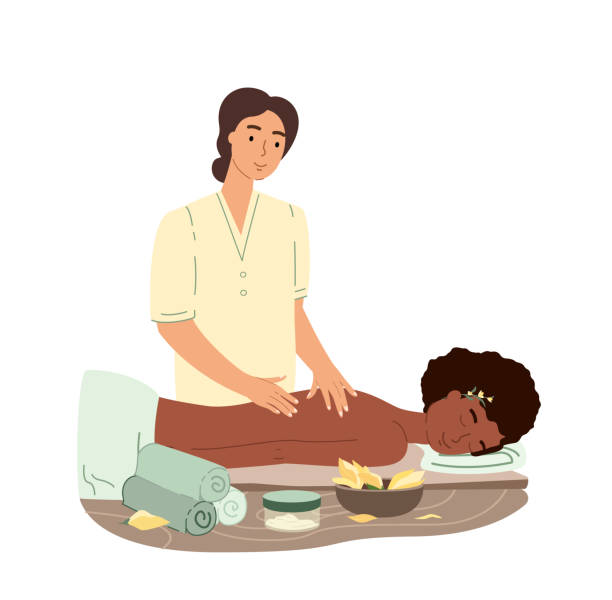 ilustrações, clipart, desenhos animados e ícones de massagista e mulher afro relaxada descansando em massagem no centro de bem-estar de spa. tratamento de cuidados com o corpo, pele para saúde e bem-estar em salão de beleza. ilustração de vetor plano isolada em branco - massage therapist illustrations