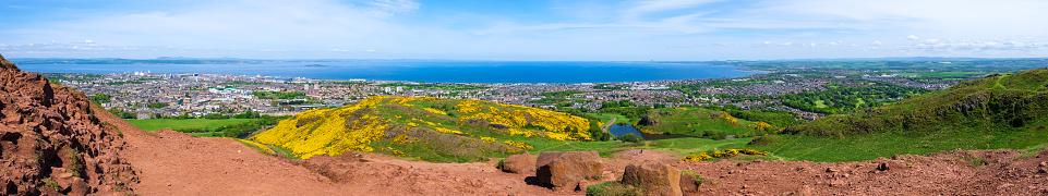 View from Arthur's Seat down to Edniburg/Scotland with the North Sea in the background