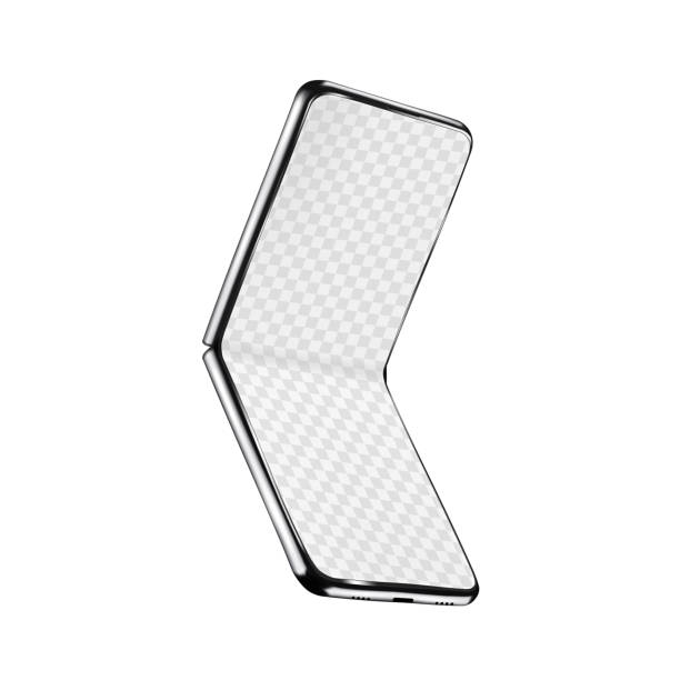 Foldable smartphone with blank transparent screen realistic mockup. Flexible display smart phone vector template for web or mobile app design Foldable smartphone with blank transparent screen realistic mockup. Flexible display smart phone vector template for web or mobile app design foldable stock illustrations
