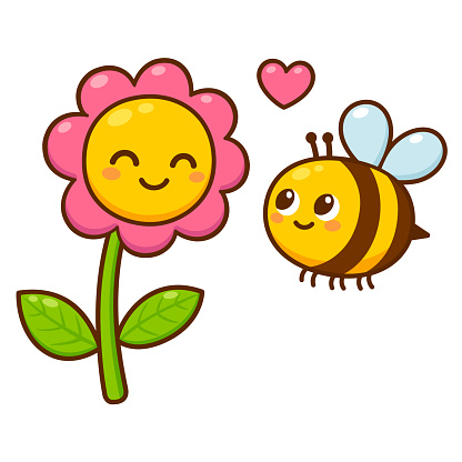 Cute cartoon bee and flower in love. Kawaii drawing, adorable Valentines day greeting card. Isolated vector clip art illustration.