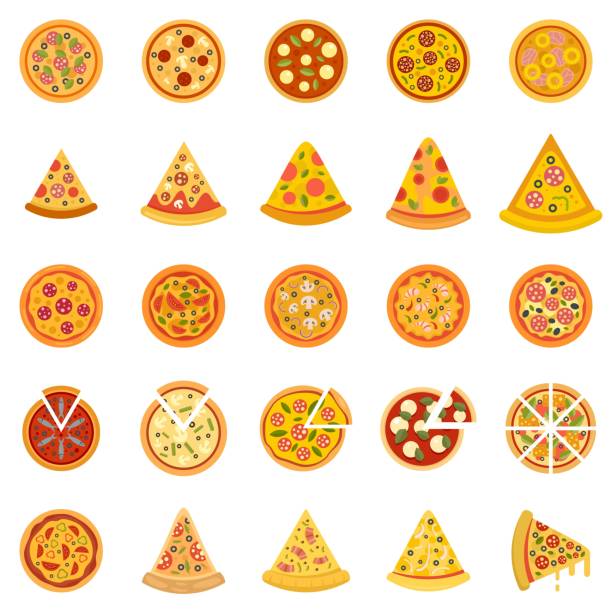 Pizza icons set flat vector isolated Pizza icons set. Flat set of pizza vector icons isolated on white background pizza slice stock illustrations