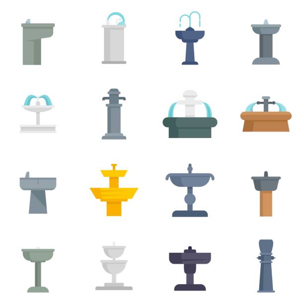 Drinking fountain icons set flat vector isolated Drinking fountain icons set. Flat set of drinking fountain vector icons isolated on white background fountain stock illustrations