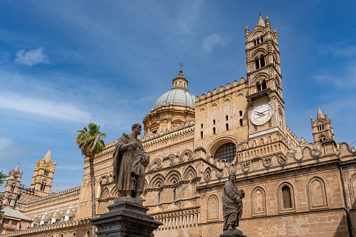Palermo, Italy - 18 June 2021. Lateral view of Palermo Cethedral Entrance in a sunny day.